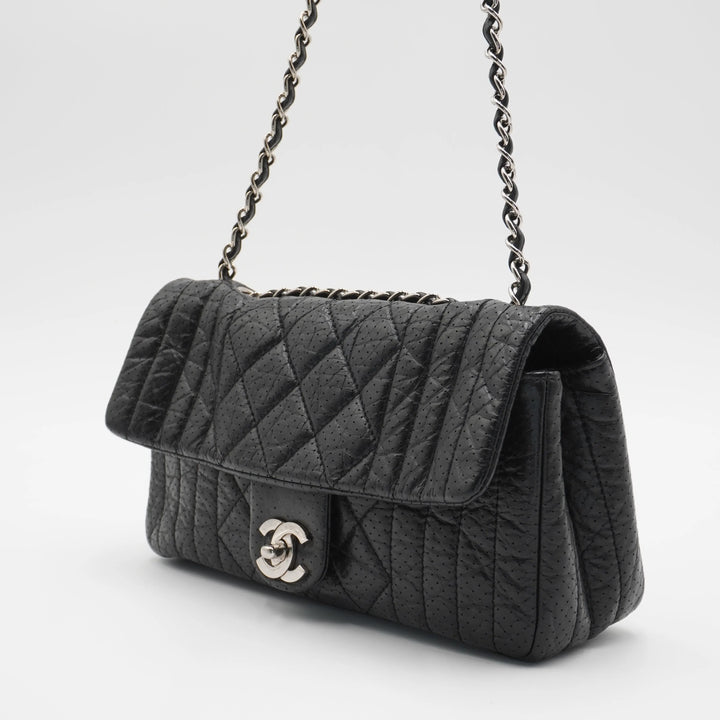 CHANEL Black Leather Perforated Flap Shoulder Bag CHANEL