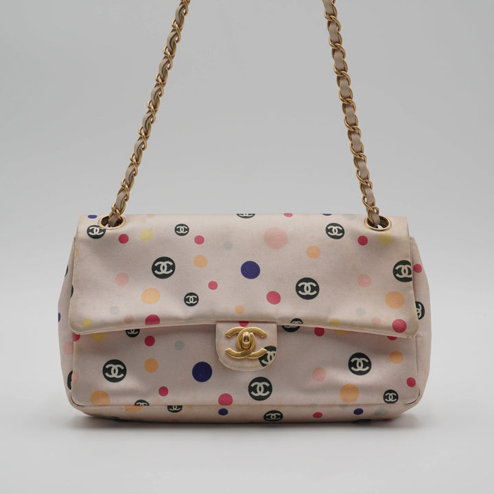 CHANEL Pink Classique Satin Polka Dot Single Chain Flap Bag CHANEL