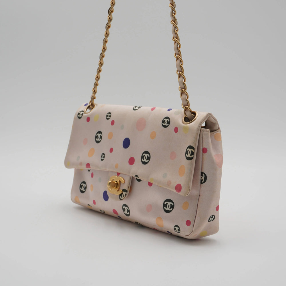 CHANEL Pink Classique Satin Polka Dot Single Chain Flap Bag CHANEL
