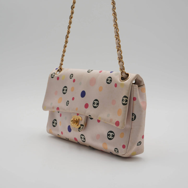 CHANEL Pink Classique Satin Polka Dot Single Chain Flap Bag CHANEL