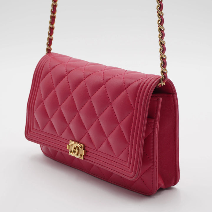 CHANEL Pink Quilted Wallet on Chain Lambskin Boy Bag CHANEL