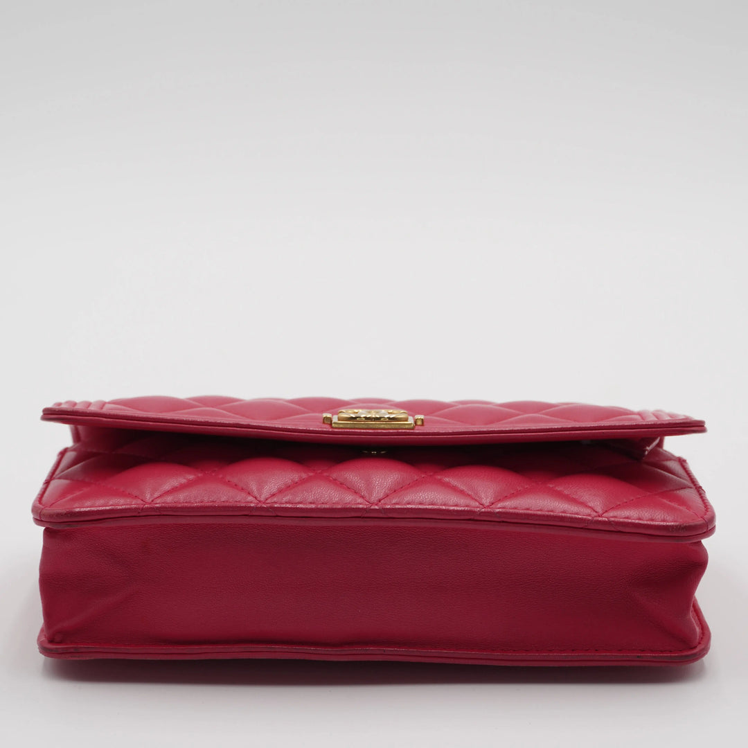 CHANEL Pink Quilted Wallet on Chain Lambskin Boy Bag CHANEL