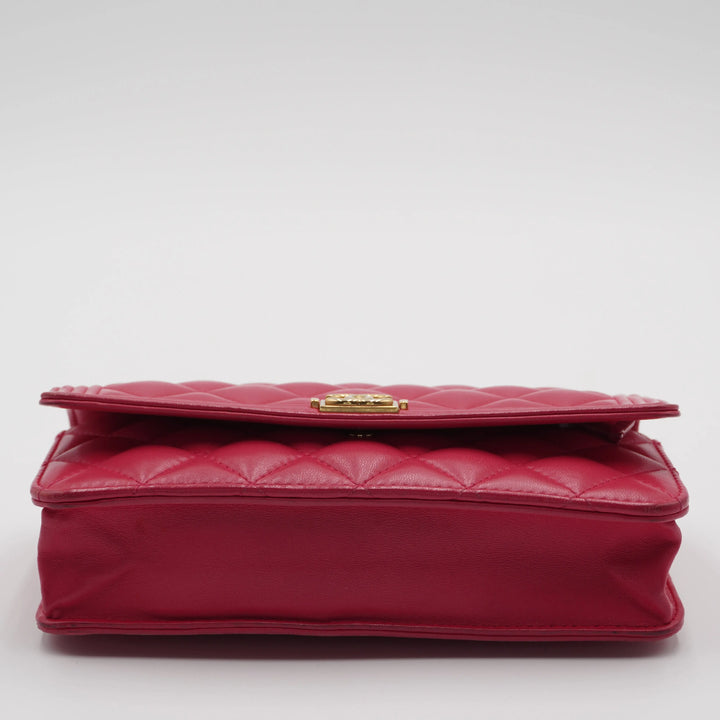 CHANEL Pink Quilted Wallet on Chain Lambskin Boy Bag CHANEL