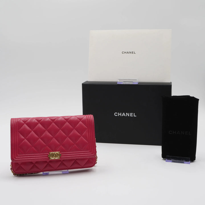 CHANEL Pink Quilted Wallet on Chain Lambskin Boy Bag CHANEL