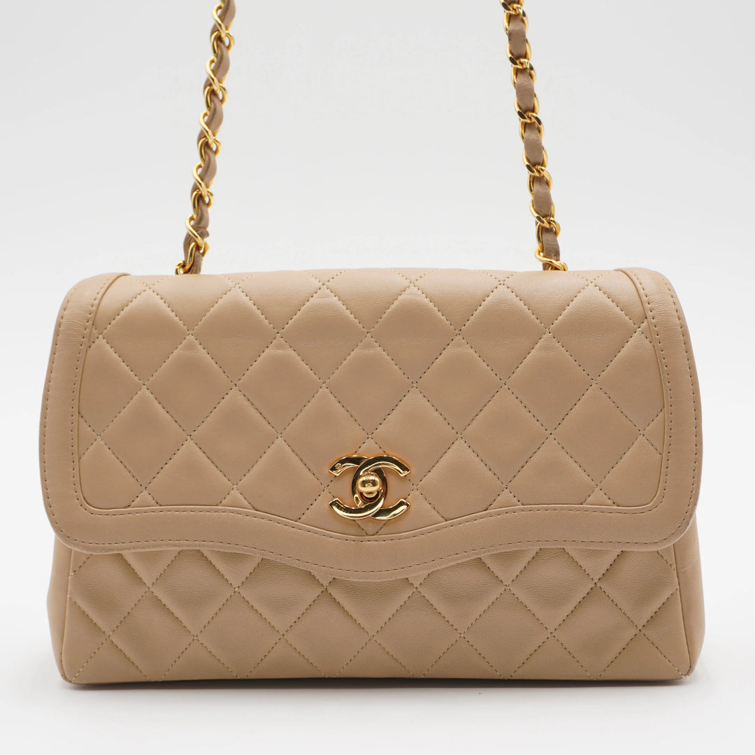 CHANEL Beige Lamb Skin Matelassé Single Flap Chain Shoulder Bag CHANEL