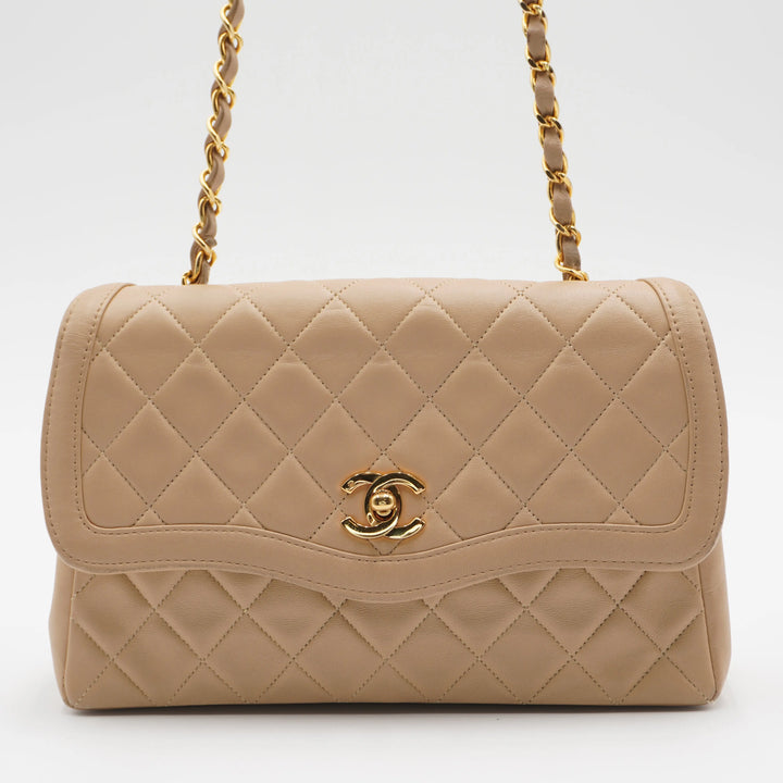 CHANEL Beige Lamb Skin Matelassé Single Flap Chain Shoulder Bag CHANEL