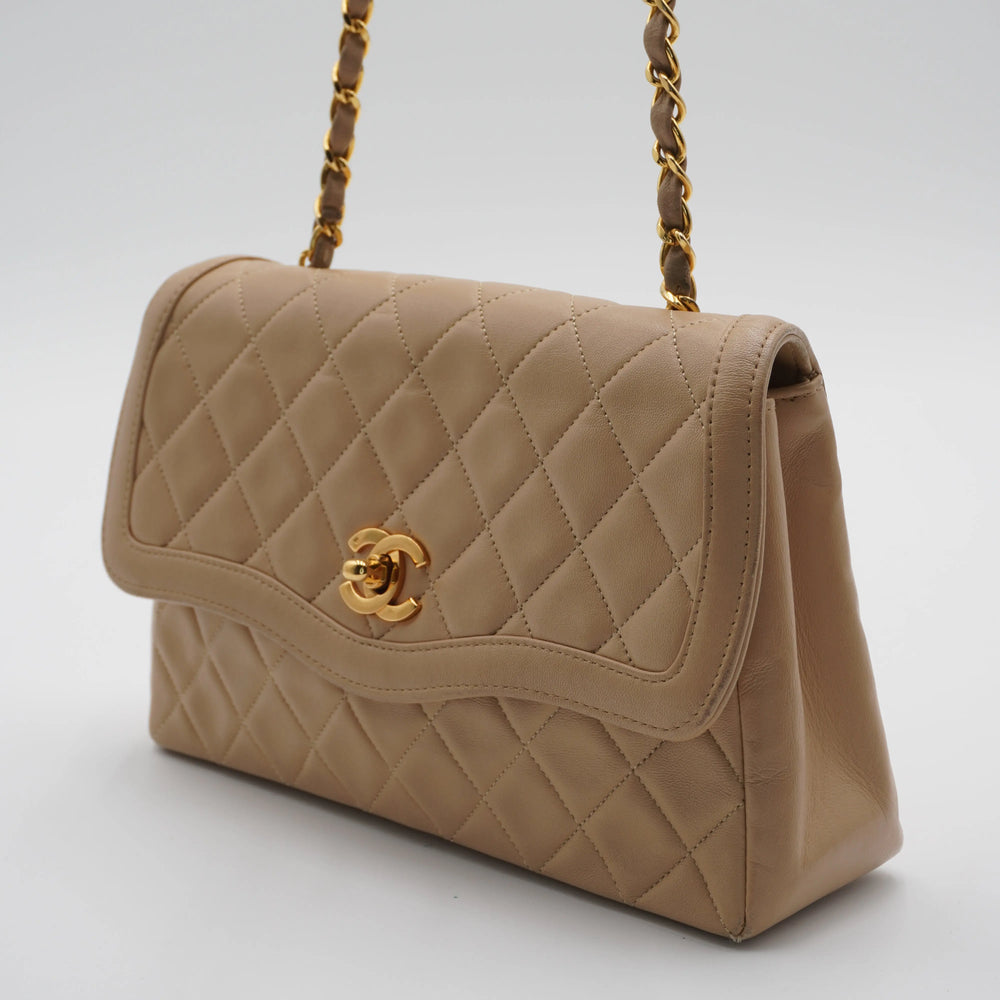 CHANEL Beige Lamb Skin Matelassé Single Flap Chain Shoulder Bag CHANEL