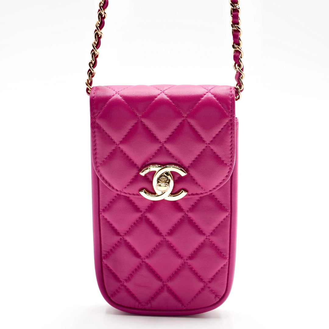 CHANEL Fuchisia Quilted Leather Phone Holder Crossbody CHANEL