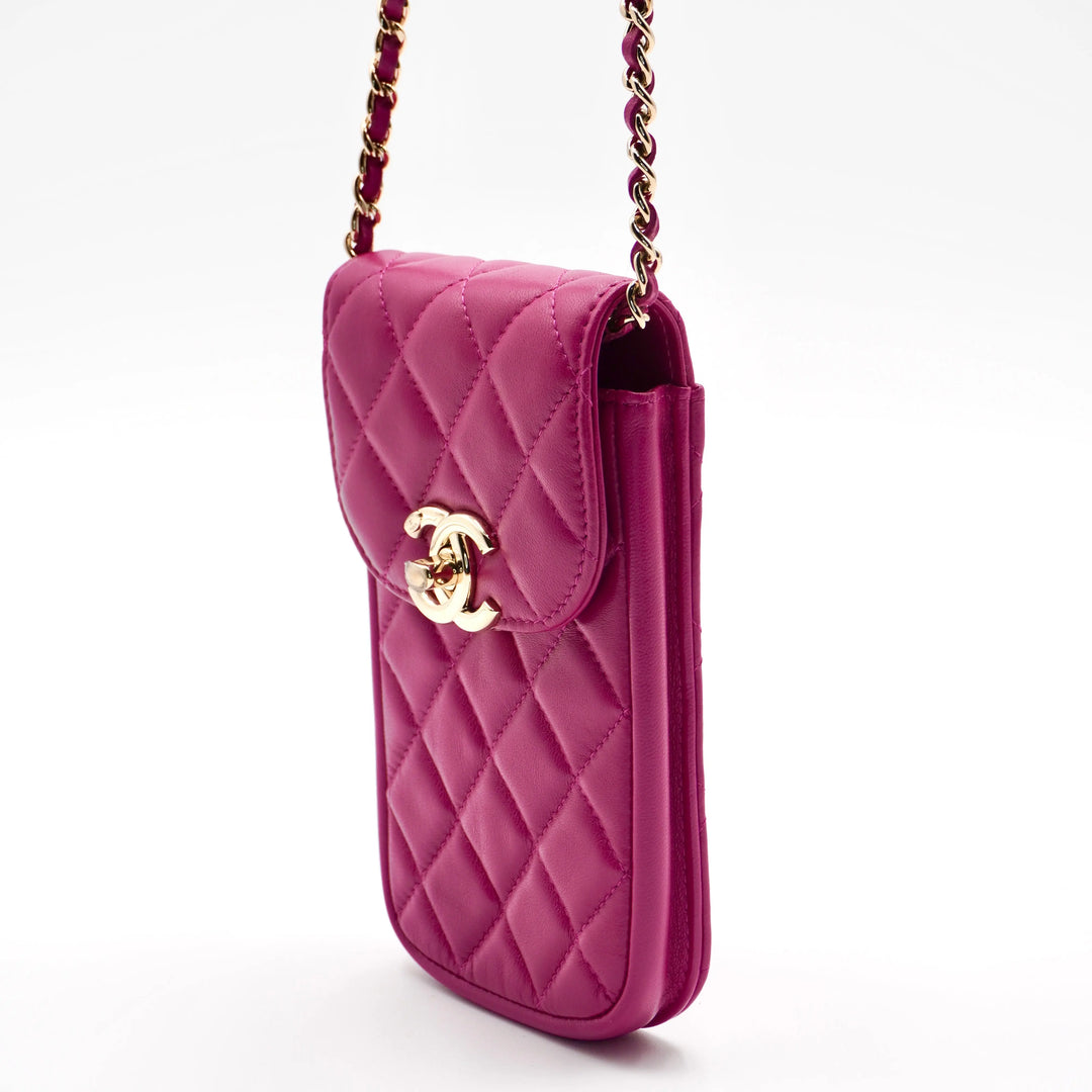 CHANEL Fuchisia Quilted Leather Phone Holder Crossbody CHANEL
