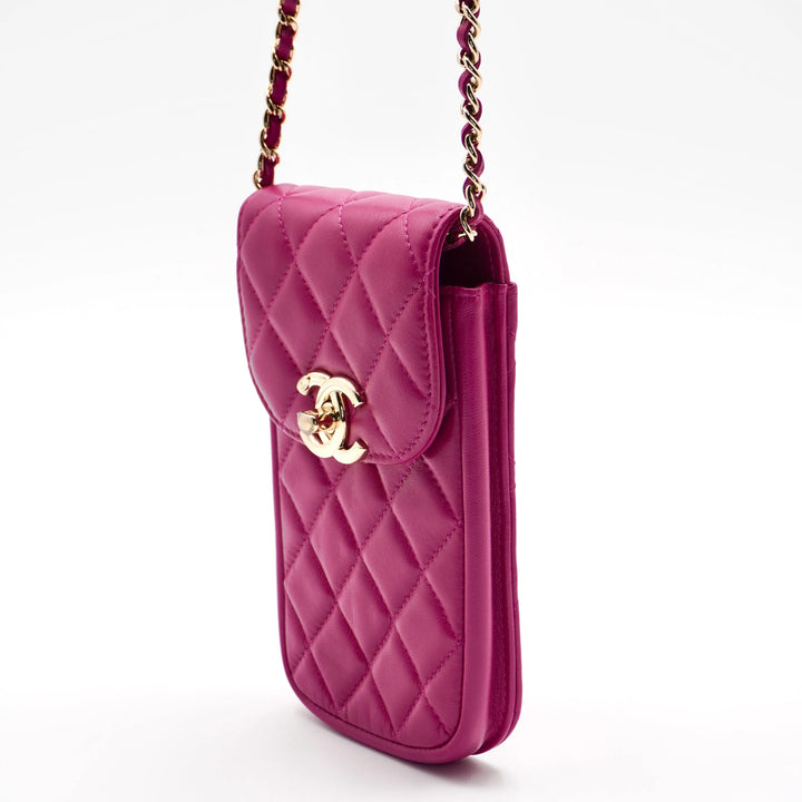 CHANEL Fuchisia Quilted Leather Phone Holder Crossbody CHANEL