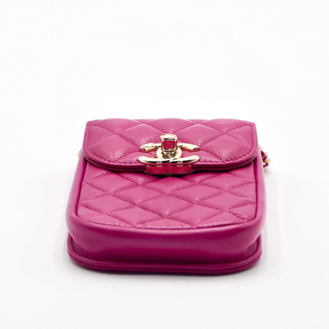 CHANEL Fuchisia Quilted Leather Phone Holder Crossbody CHANEL