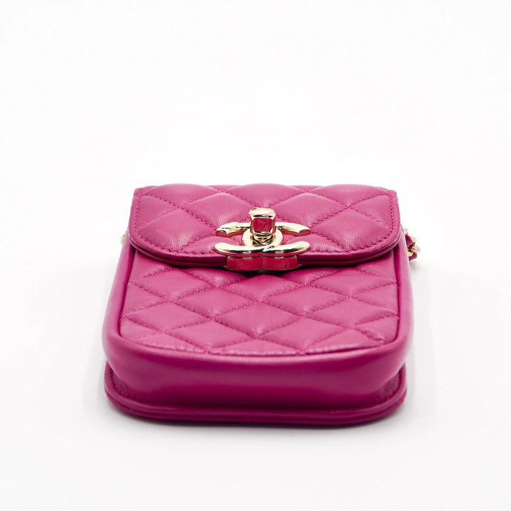 CHANEL Fuchisia Quilted Leather Phone Holder Crossbody CHANEL