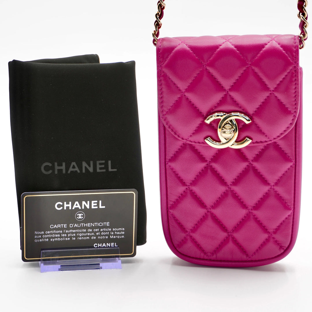 CHANEL Fuchisia Quilted Leather Phone Holder Crossbody CHANEL