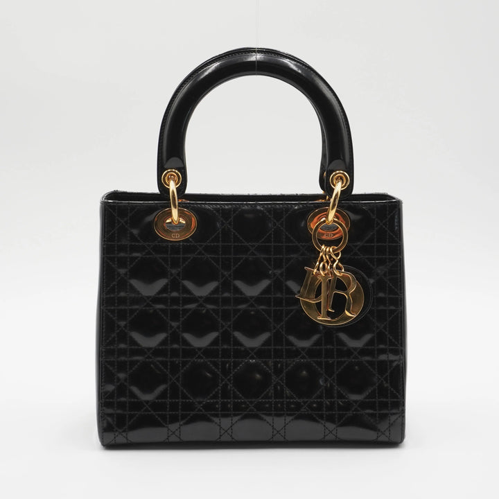 Dior Black Patent Cannage Calfskin 2-Way Medium Lady Dior