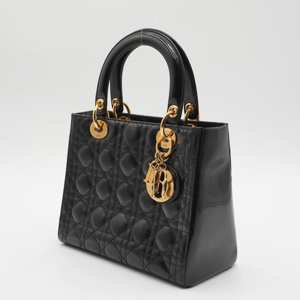 Dior Black Patent Cannage Calfskin 2-Way Medium Lady Dior