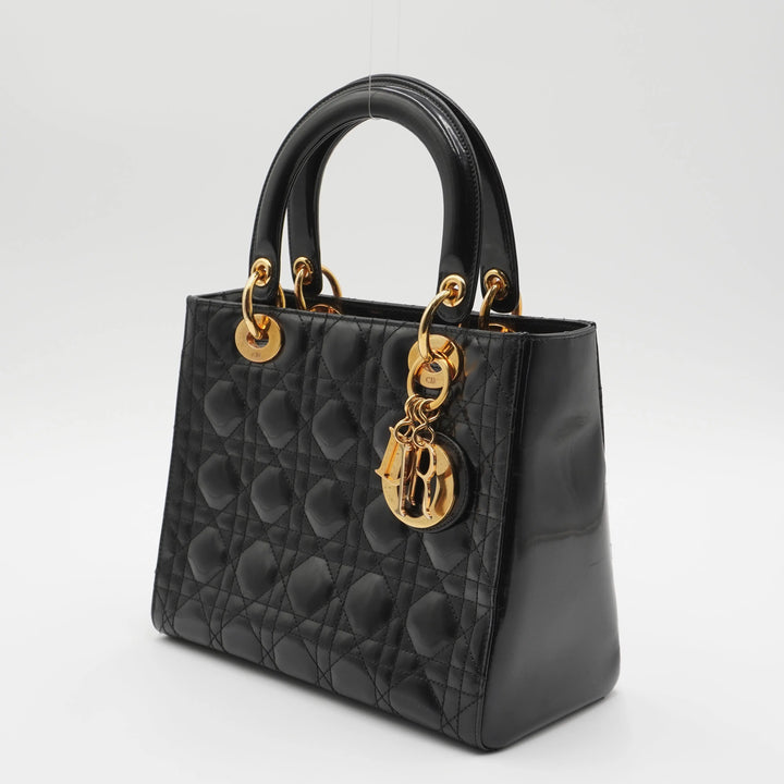 Dior Black Patent Cannage Calfskin 2-Way Medium Lady Dior