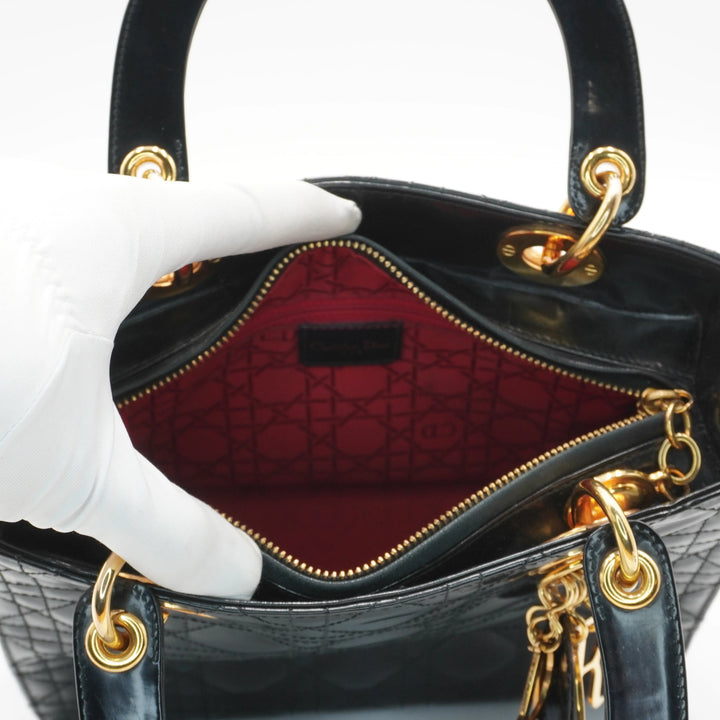 Dior Black Patent Cannage Calfskin 2-Way Medium Lady Dior