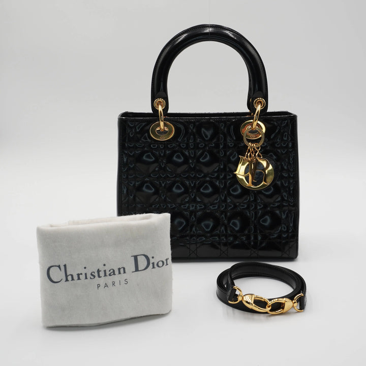 Dior Black Patent Cannage Calfskin 2-Way Medium Lady Dior
