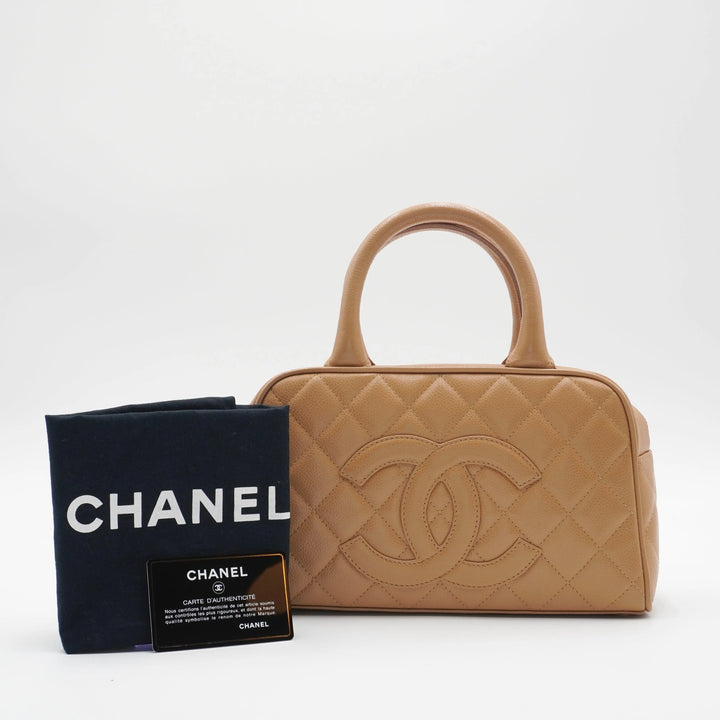 CHANEL Beige Caviar Leather Mini Boston Bag CHANEL