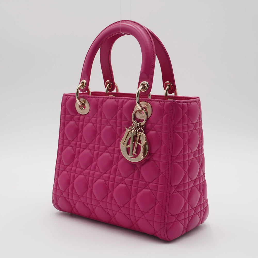 Dior Hot Pink Cannage Lamb Lady Dior 2-Way Handbag DIOR