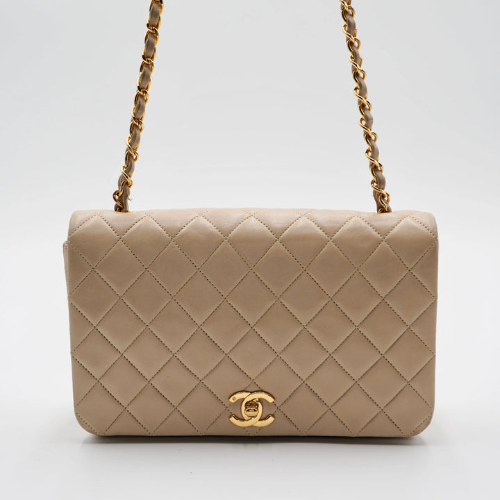 CHANEL Vintage Classic Quilted Beige Leather Full Flap Bag CHANEL