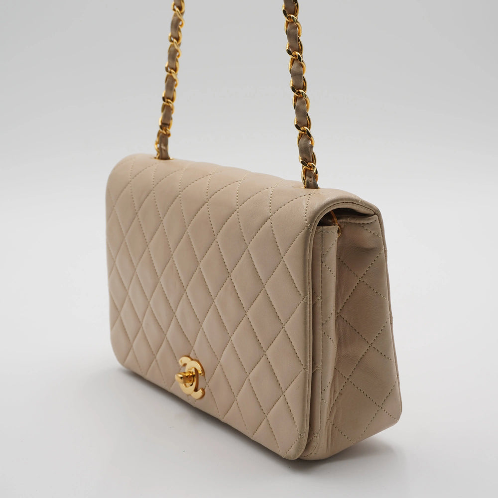 CHANEL Vintage Classic Quilted Beige Leather Full Flap Bag CHANEL