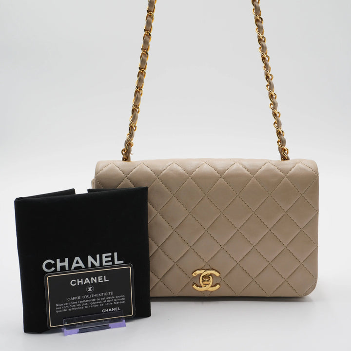 CHANEL Vintage Classic Quilted Beige Leather Full Flap Bag CHANEL