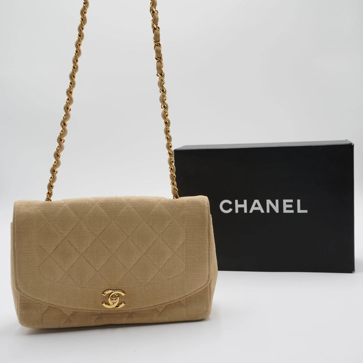 CHANEL Classic Diana 25 Beige Linen Crossbody Flap Bag CHANEL