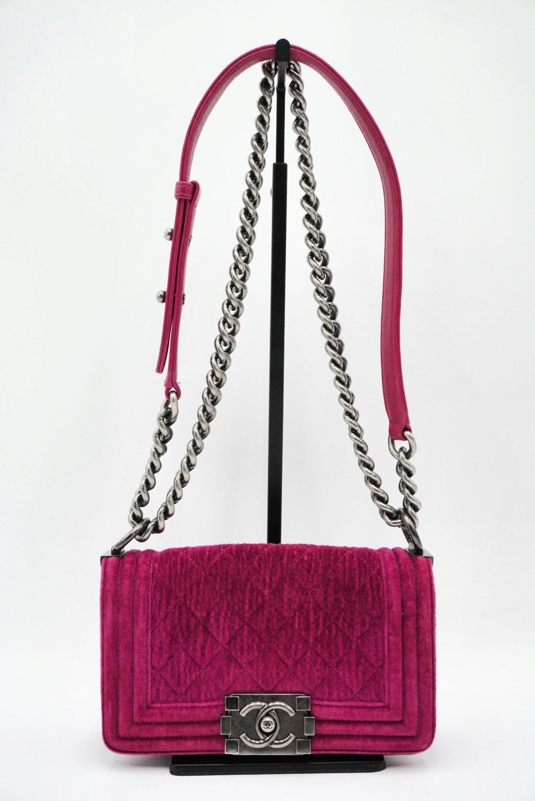 Chanel pink velvet boy bag shop