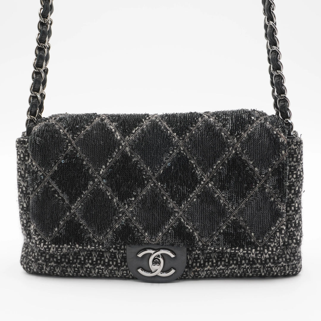 CHANEL Sequin Tweed Icons Chain Accordion Flap Bag CHANEL