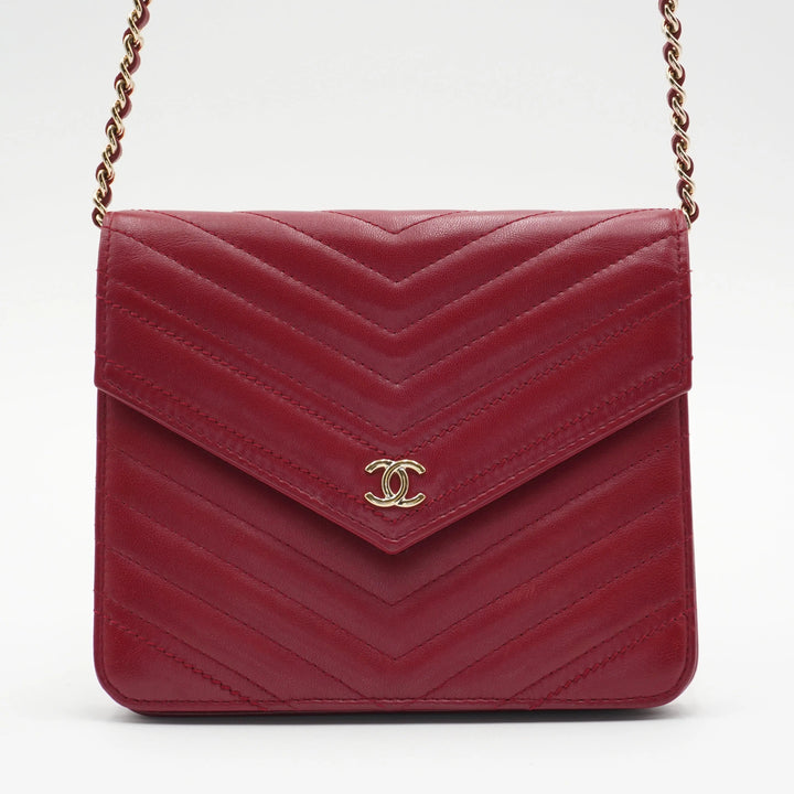CHANEL Red Chevron V-Stitch Wallet On Chain Shoulder Bag CHANEL