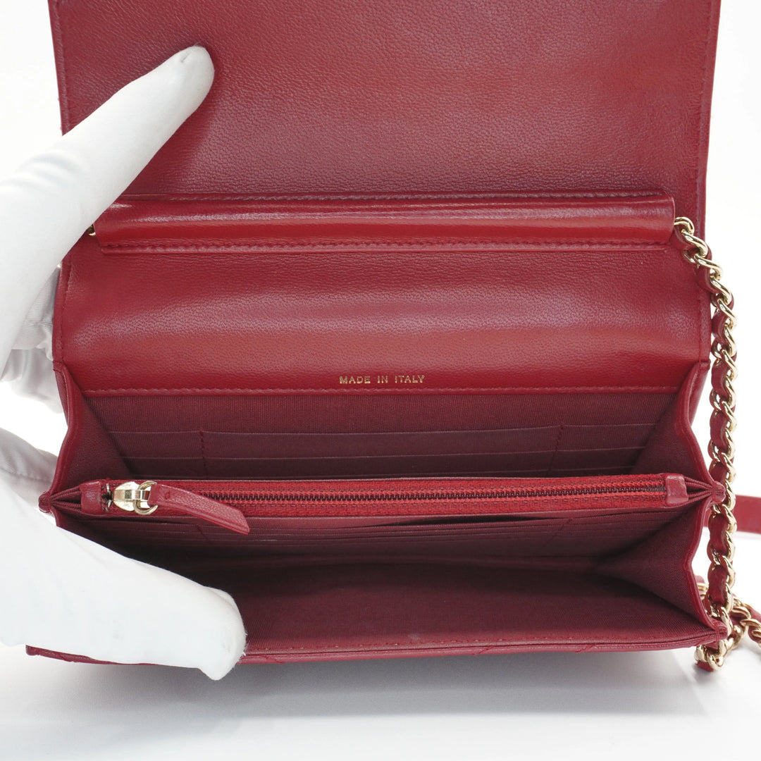 CHANEL Red Chevron V-Stitch Wallet On Chain Shoulder Bag CHANEL