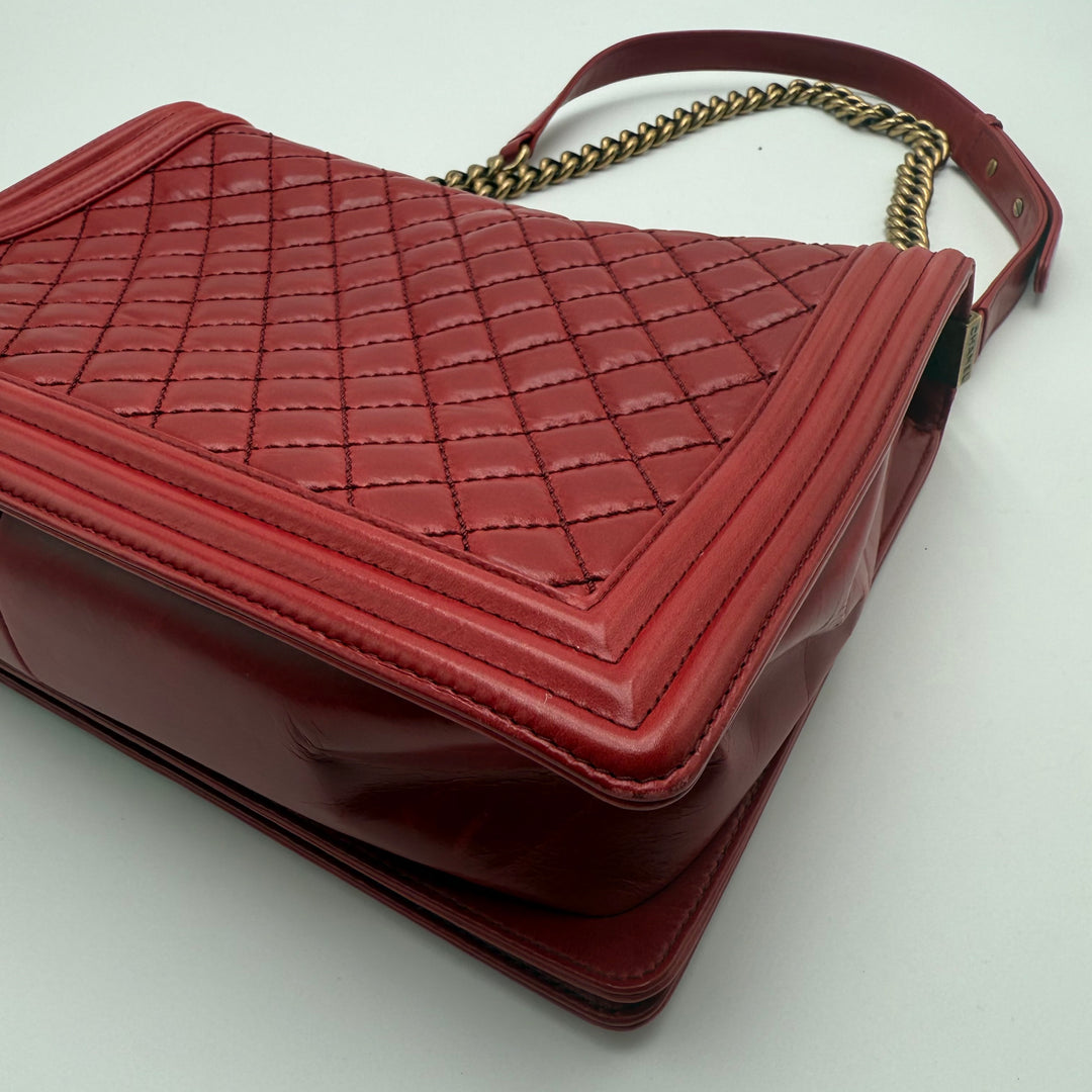 Pre-owned CHANEL Red Leather Quilted Boy Flap Bag Large